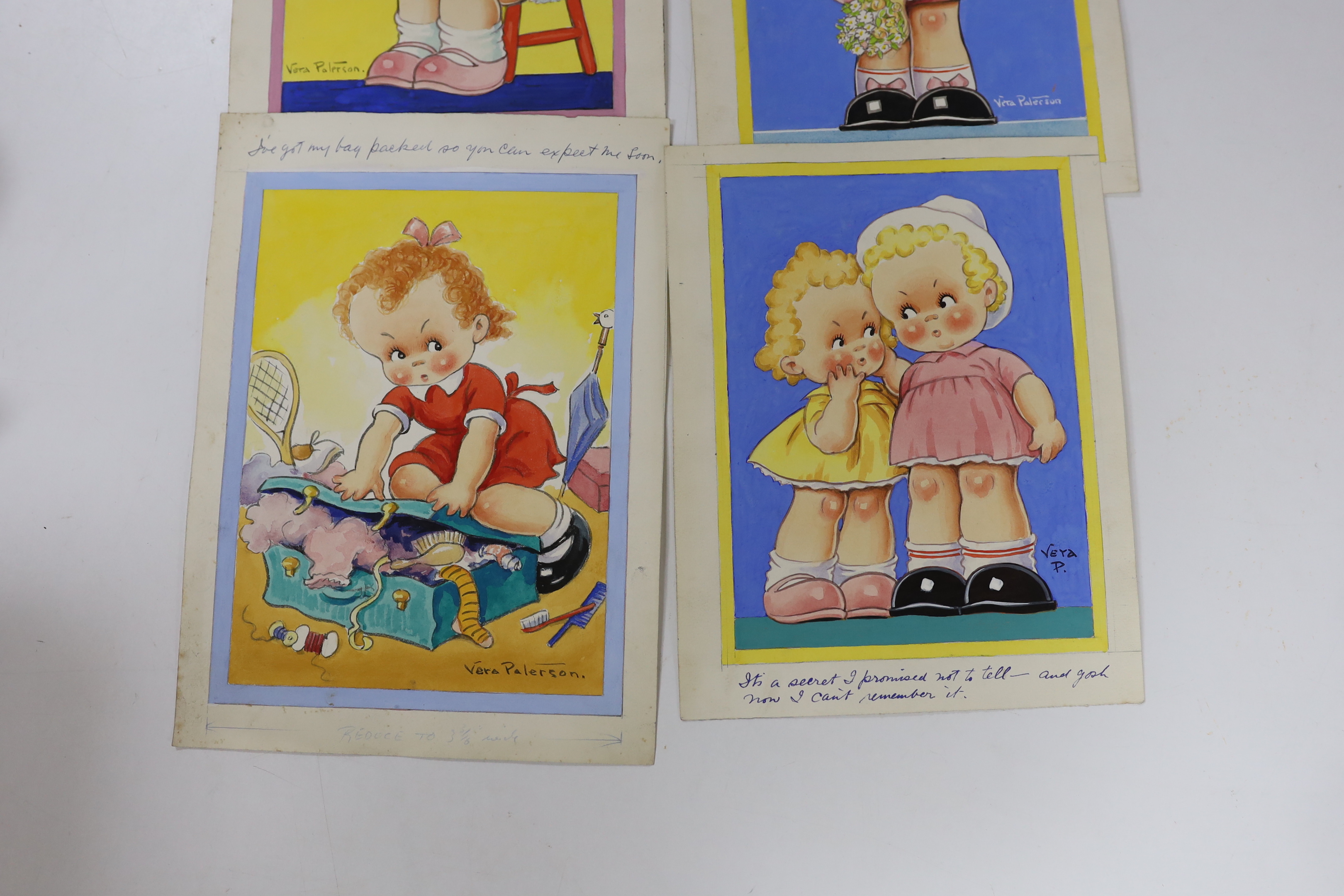 Reg Maurice (Aka. Vera Paterson), set of six original watercolours on card for postcard designs, Humorous children, each signed and inscribed, largest 32 x 23cm, unframed